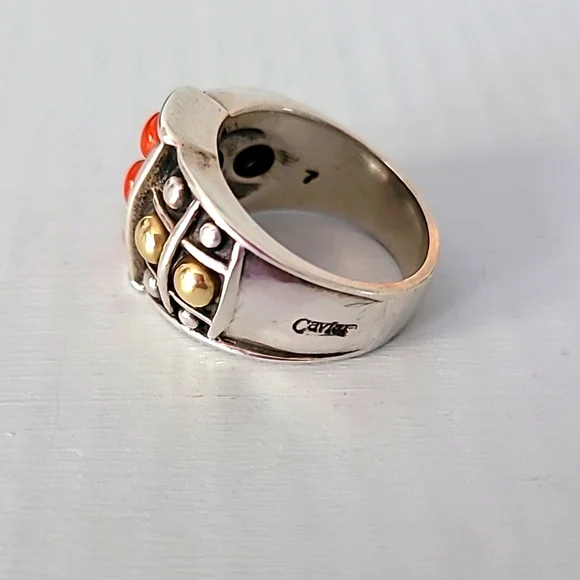 Lagos Caviar Sterling Silver 18K Yellow Gold Red Coral Ring Size 7 - Picture 2 of 6